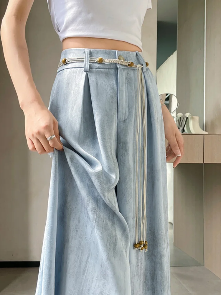 Light Blue Tie Dye Suit Wide Leg Pants Women's Summer New Thin High Waist Loose Drape Casual Straight Floor Length Pants