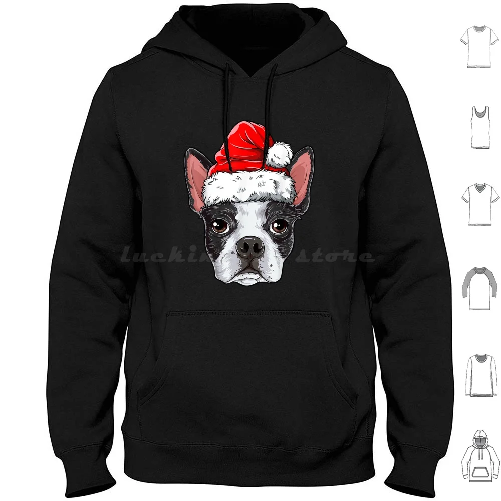 Boston Terrier Christmas Dog Santa Hat Xmas Boys Kids Girls T-Shirt Hoodie cotton Long Sleeve Boston Terrier Christmas