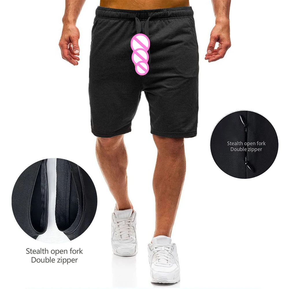Невидимые открытые промежности для уличного секса, свободные спортивные шорты большого размера, мужские летние повседневные брюки для фитнеса, 5-точечные брюки на шнурке