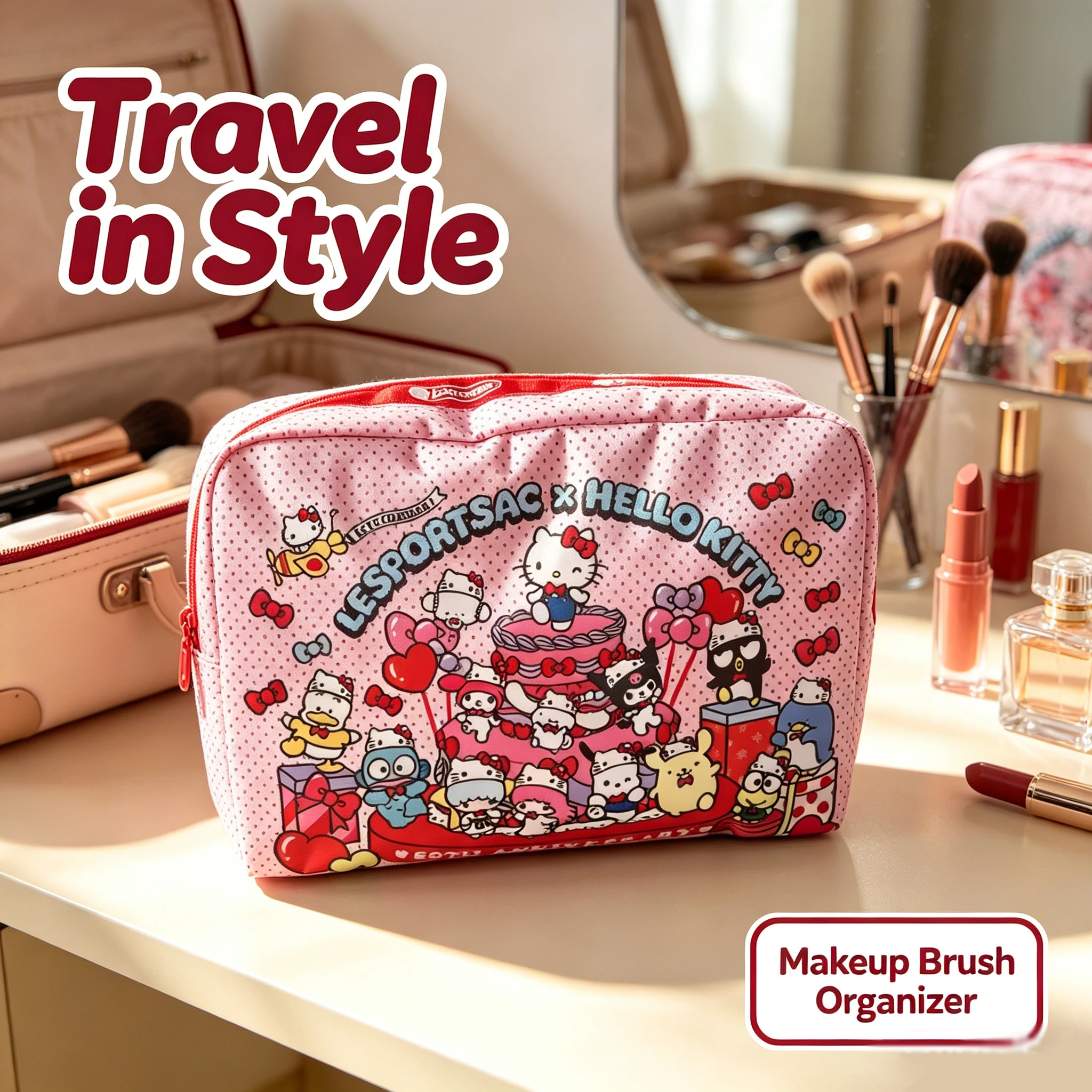 Hello Kitty 50th Anniversary Cosmetic Bag Large Capacity Travel Makeup Organizer Zipper Toiletry Storage Pouch