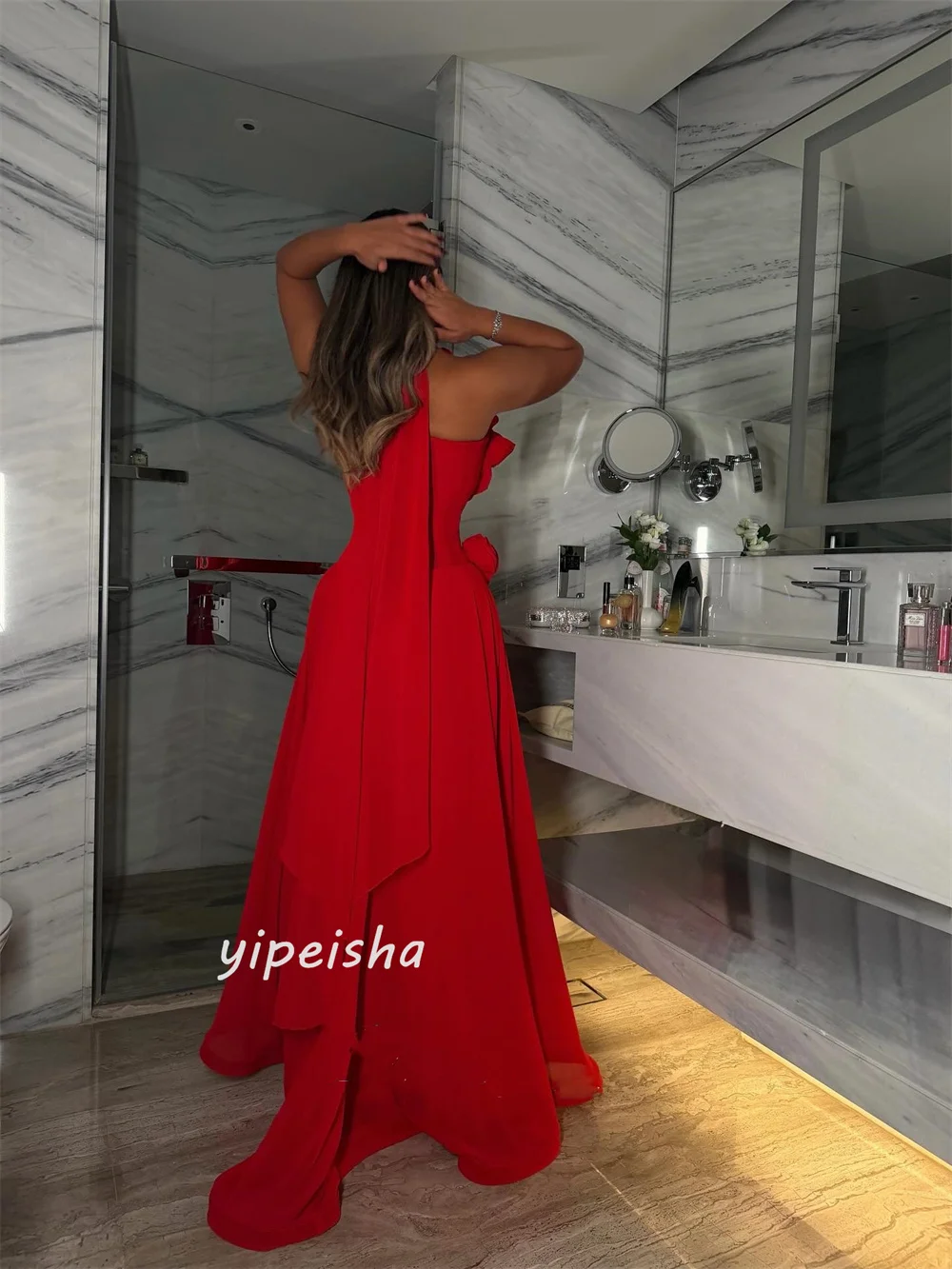 맞춤형 고품질 패션 수제 꽃 장식 A라인 하이 칼라 롱 드레스 맞춤형 행사 드레스 다양한 사이즈 가능