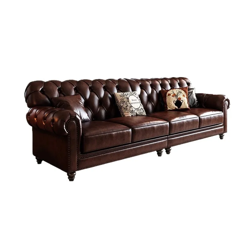 

American, retro, sofa, living room, medieval, brown coffee, oil wax leather