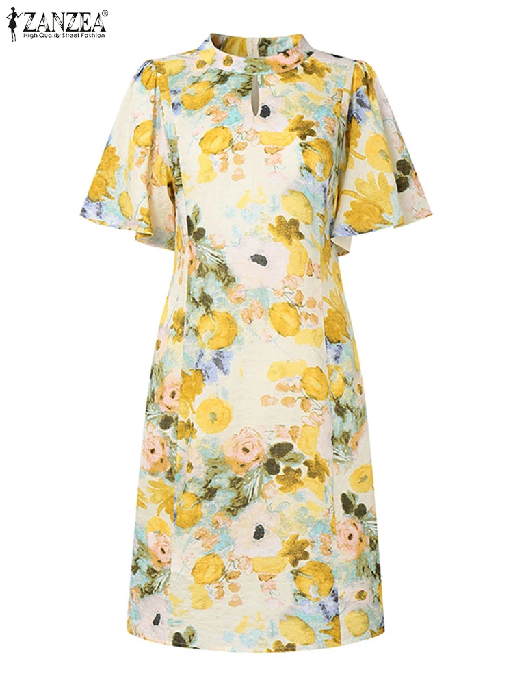 

ZANZEA Bohemian Mini Dress 2025 Summer Women Floral Print Short Sleeve Casual Sundress Retro Stand Collar Holiday Beach Vestidos