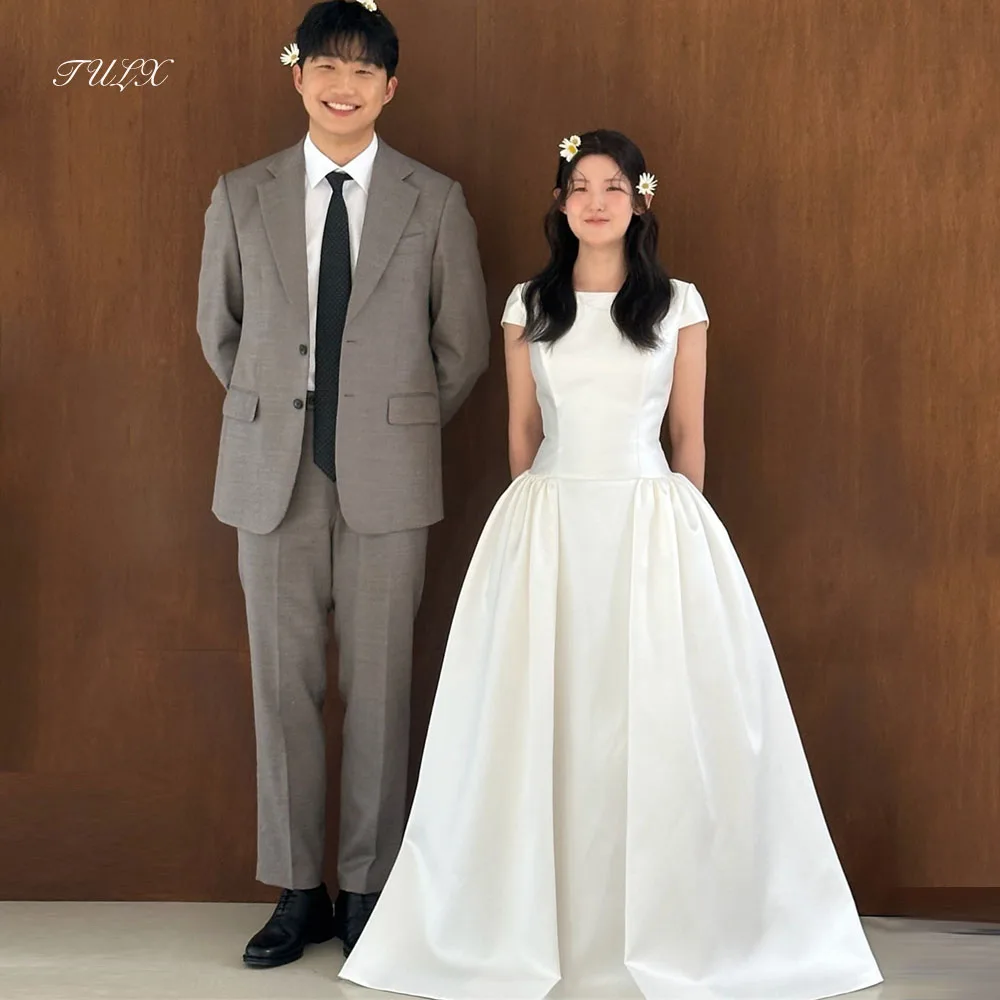 TULX Elegant Satin Long Wedding Dresses Photo Shoot O Neck Short Sleeves Korea Bridal Gown Corset Customized 웨딩드레스 2027