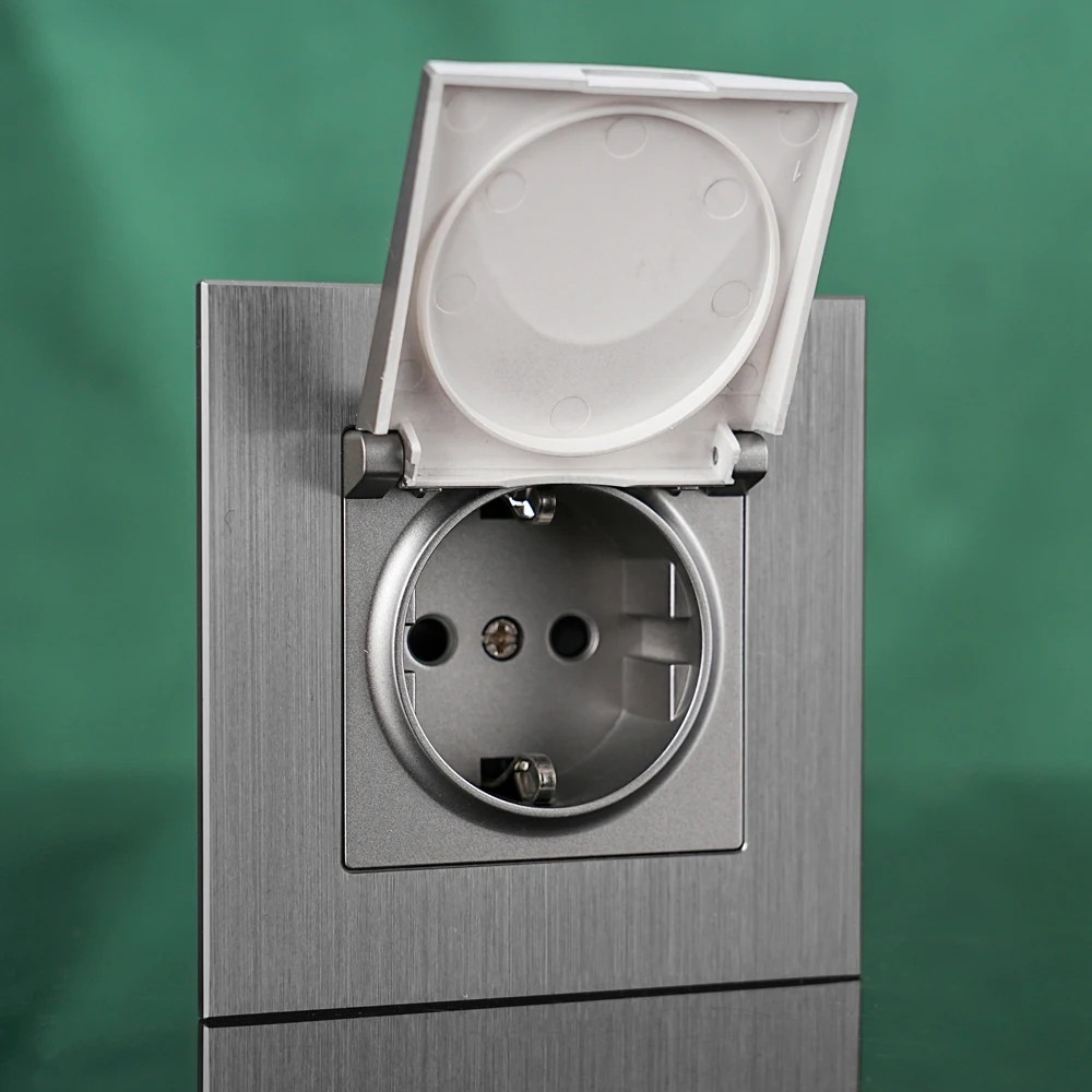

European standard aluminum brushed panel German-style socket with cover 16A wall socket 110-250V