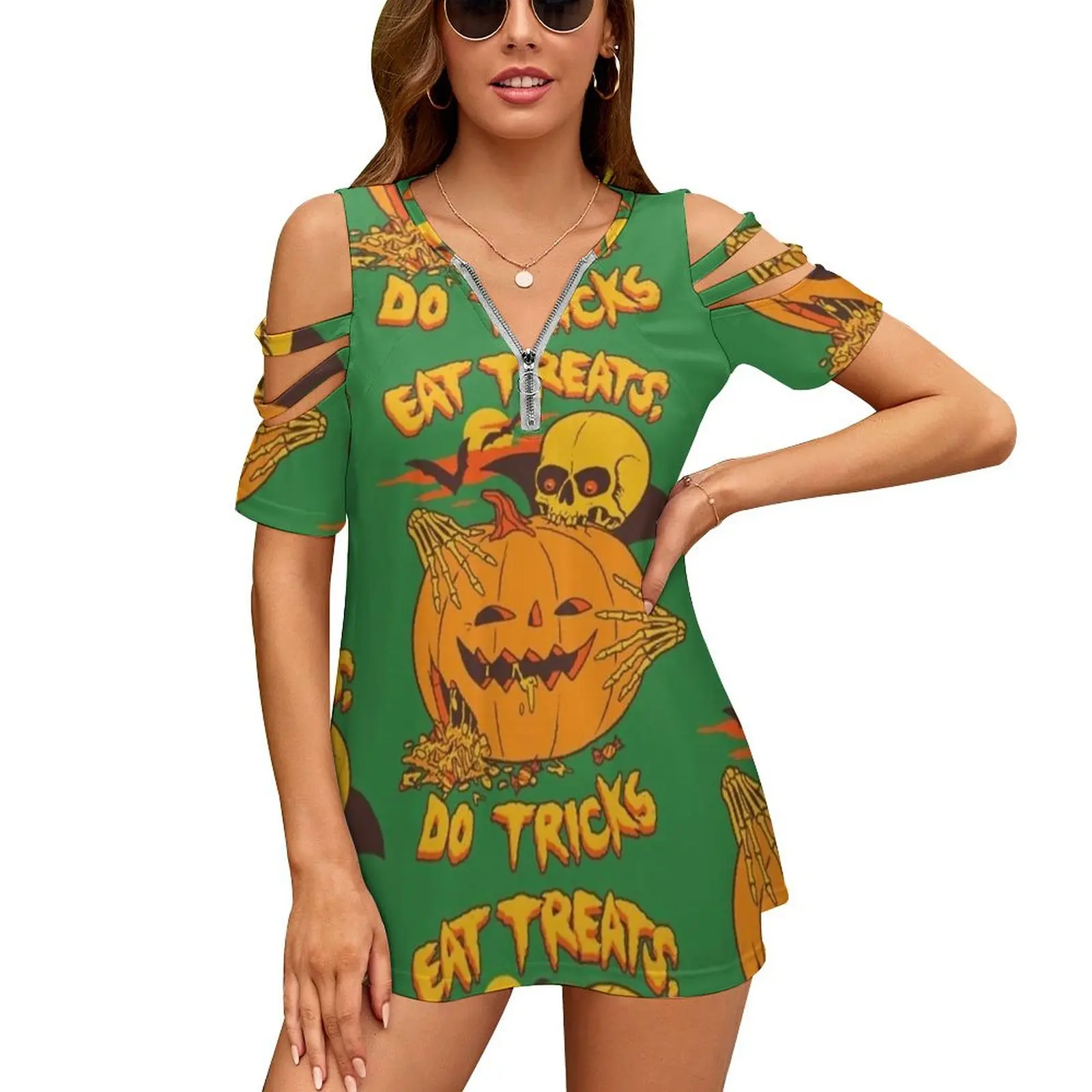 Eat Treats , Do Tricks New Fashion Zip Off Shoulder Top Short-Sleeve Women Shirt Halloween Skeleton Pumpkin Jack O Lantern