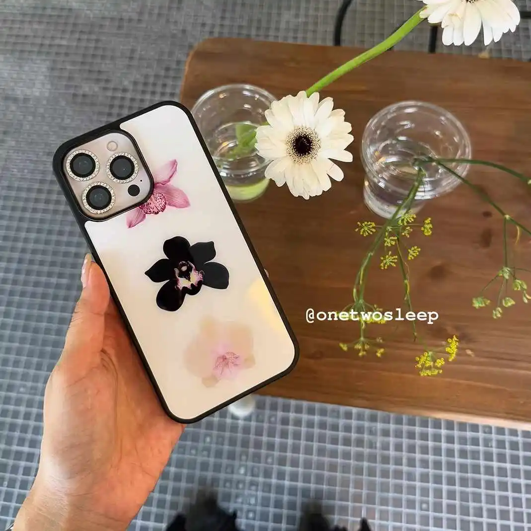 Capa de Celular Minimalista com Padrão de Orquídea Coreana para iPhone 17 16 15 14 13 12 11 Pro Max Air Plus, Capa Y2K de Resina Fundida