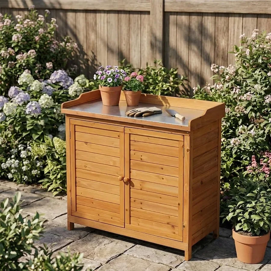Outdoor Storage Cabinet with Work Bench, Garden Potting Table