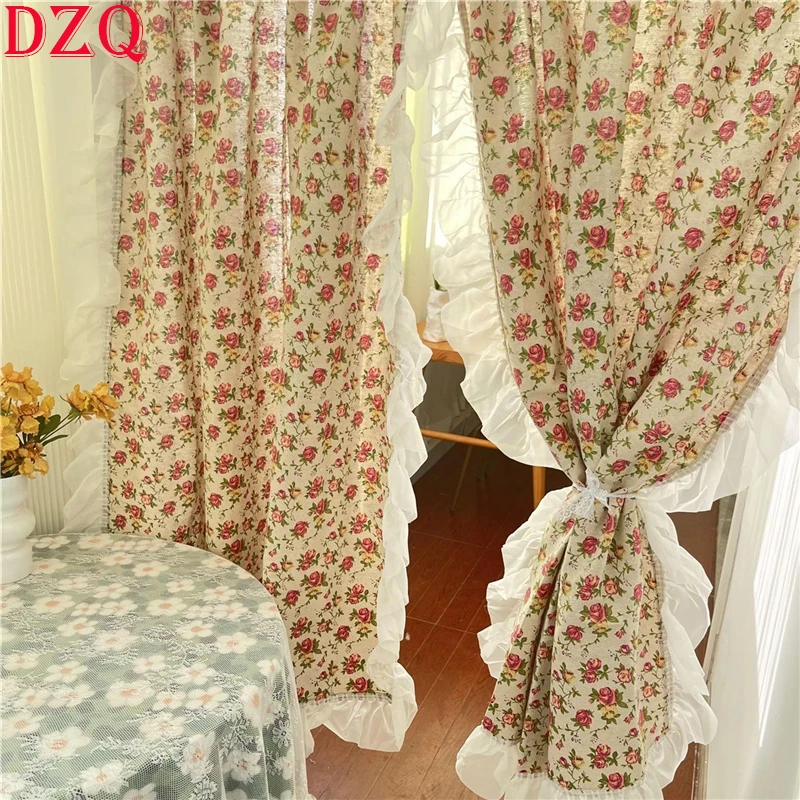 

Idyllic French Red Flowers Curtains Cloth for Living Room Warp Ruffled Curtains for Kitchen Wave Sides Rose Curtains for Bedroom