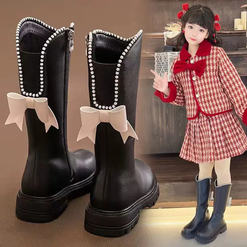 Girls Long Boots Black Knee-high Children Zipper Fashion Soft Leather Knight Boots Winter Waterproof Plus Cotton Princess Shoes