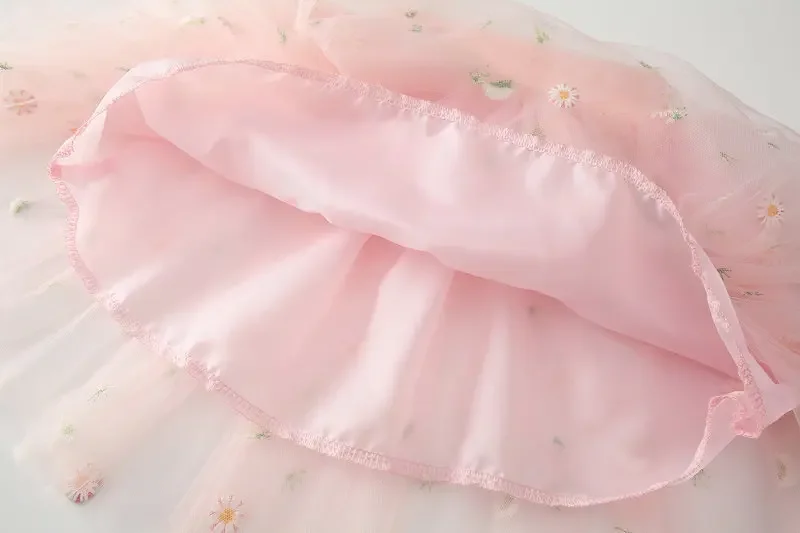 2024 Summer New Infant Girls Floral Embroidered Mesh Tutu Skirt Kids Faldas Soft Tulle Miniskirt for Girls Dance Skirt 2-8T