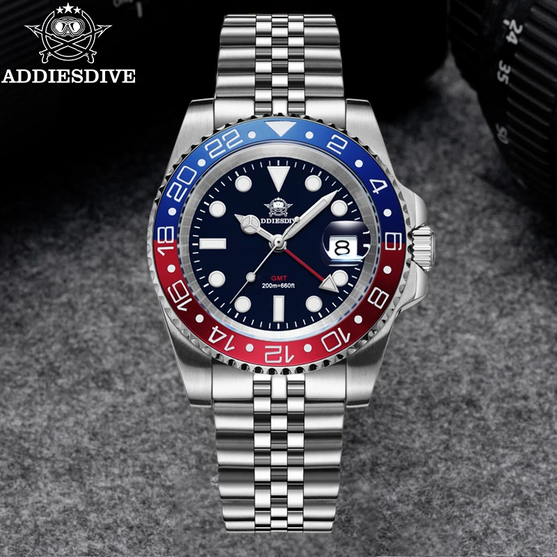 ADDIESDIVE Watch For Man Quartz GMT 20Bar Waterproof BGW9 Super Luminous 316L Stainless Steel Ceramic Bezel Watch