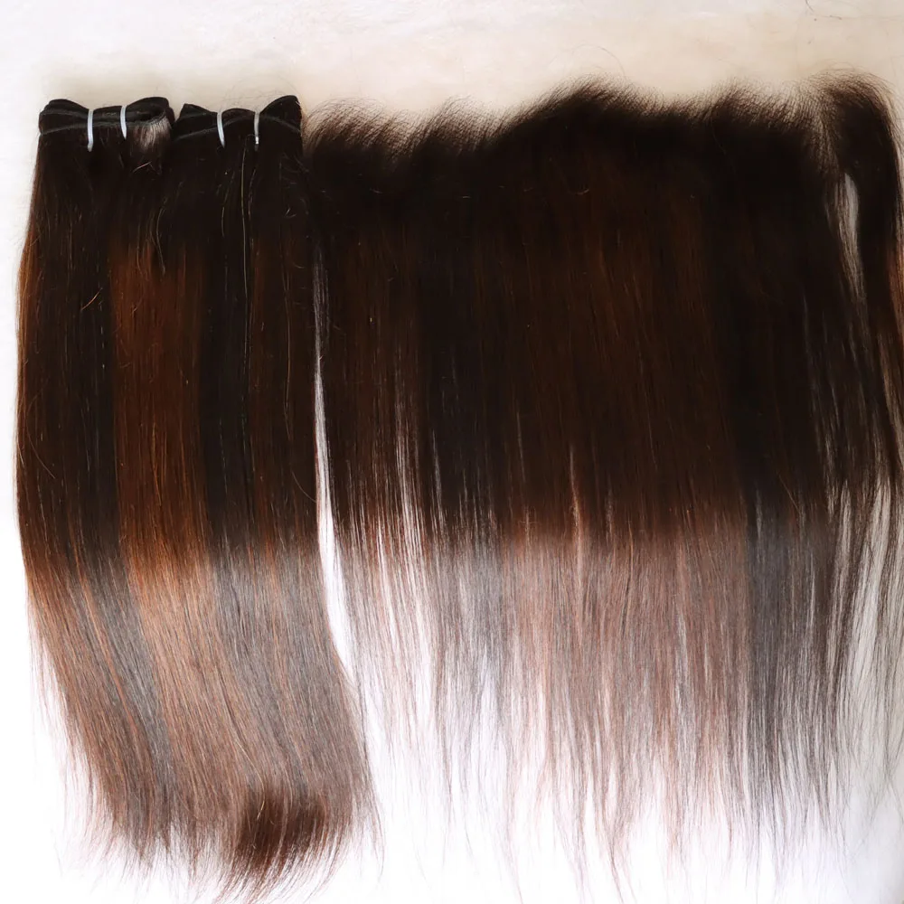 تسليط الضوء على بني فاتح 1B 4 أومبير عذراء ريمي الشعر البشري الهندي حزمة لحمة مع الدانتيل الشفاف إغلاق أمامي انخفاض الشحن