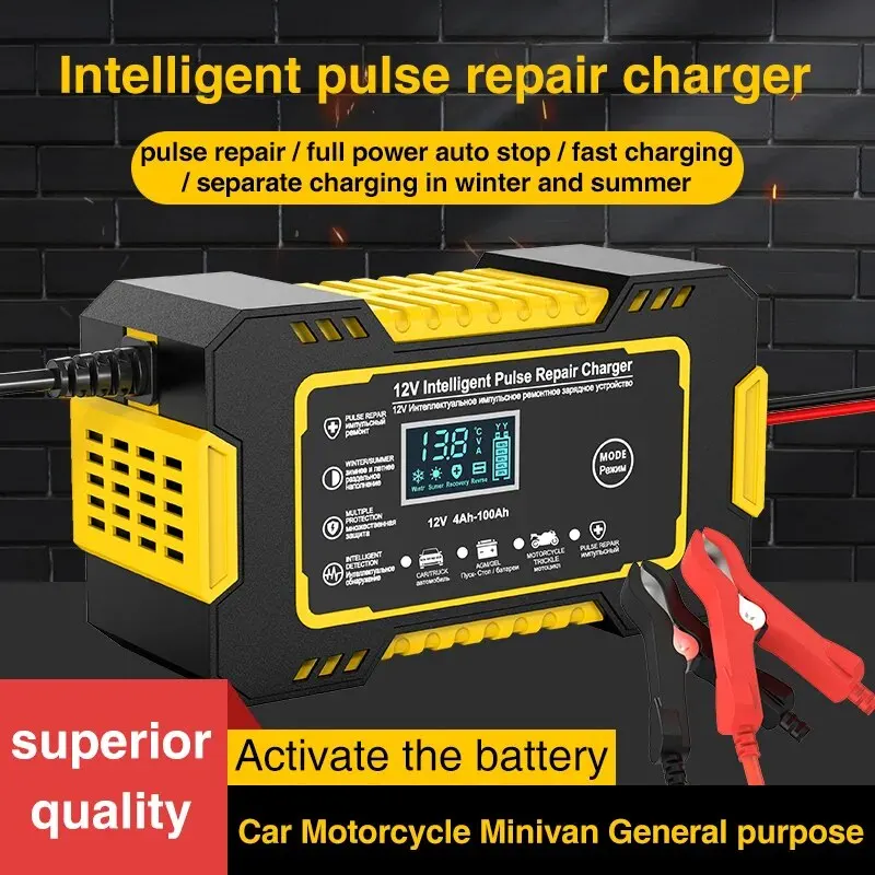 Car Battery Charger 6A 12V Car And Motorcycle Battery Charging Equipment Lead Acid Battery Intelligent Maintenance LCD Display