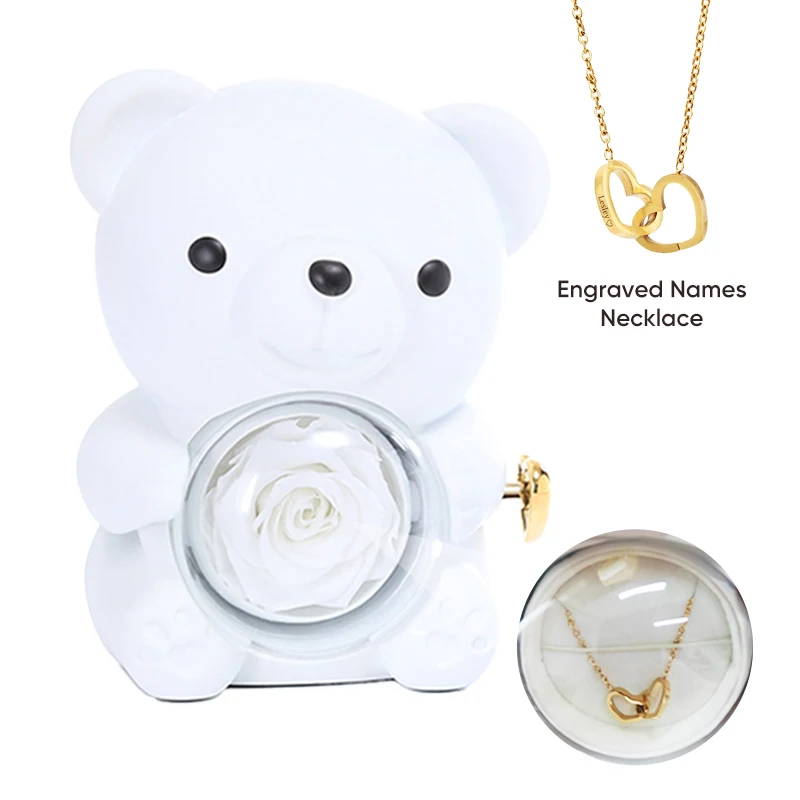 Birthday Gifts for Mum White Preserved Rose Bear with Custom Name Necklace Cute Christmas Bear Jewelry Gift Box for Her