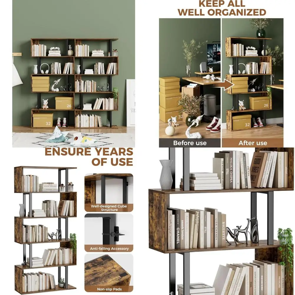 

Стильная 5-уровневая деревянная книжная полка S-Curve, современный высокий блок для хранения для дома, коричневая витрина в деревенском стиле