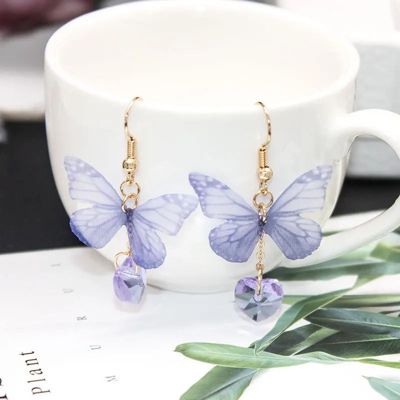 Korean Style Crystal Butterfly Ear Clip Earrings Fashion Fabric Purple Butterfly Clip on Earrings Without Piercing for Female