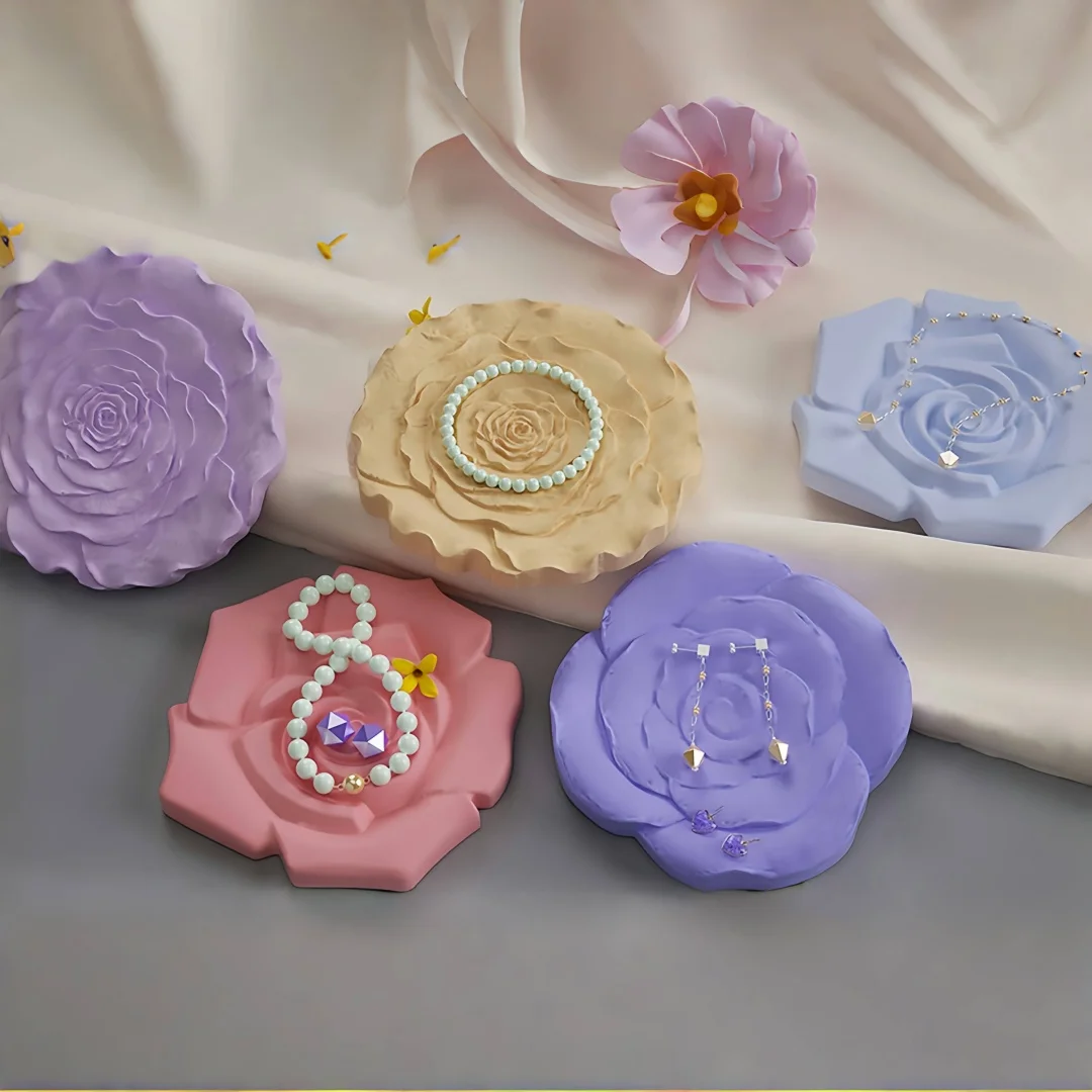 Rose Flower Coaster Gypsum Tray Silicone Mold Concrete Plaster Flowerpot Base Tabletop Decoration Mould Jewelry Display Plate