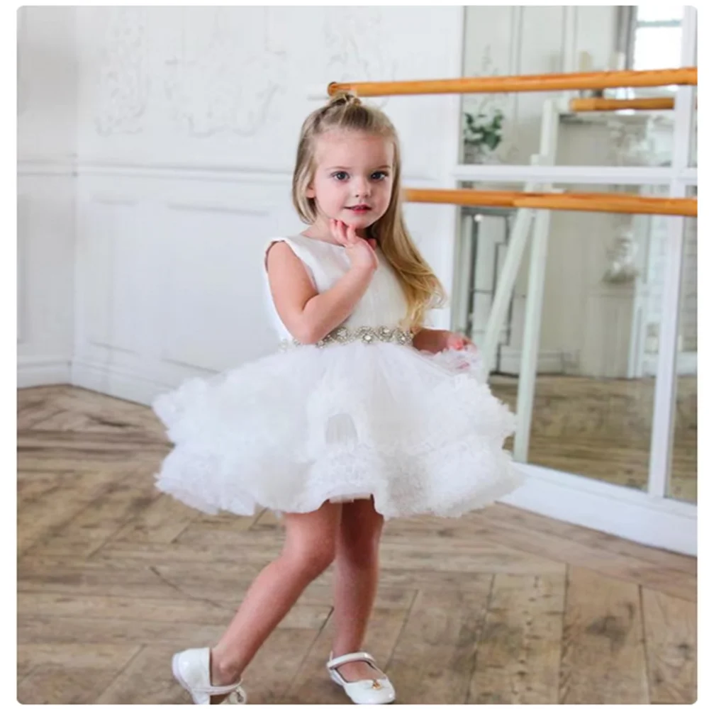 White Cute Flower Girl Dresses with Crystal Belt First Communion Birthday Wedding Pageant Gown Robe De Demoiselle Baby