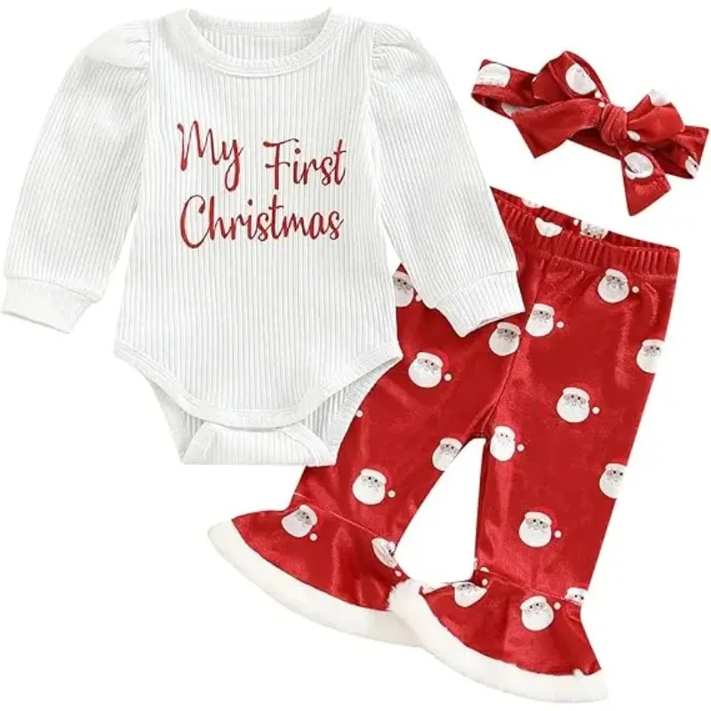 

My First Christmas Outfit Newborn Baby Girl Bodysuit Snowflake Plaid Ruffle Bell Bottom Pants Headband Christmas Clothes Set