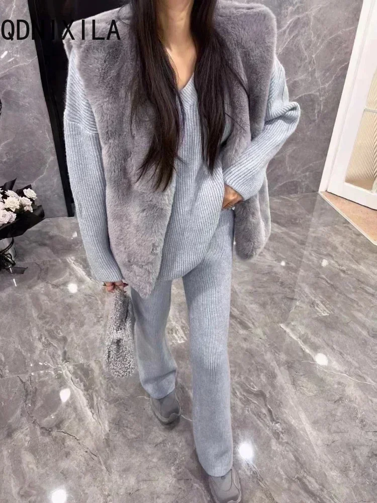 Grey Sweater 2 Piece Sets Womens Outfits Elegant Korean Fashion V Neck Knitwear Pullover Suits Autumn Winter Loose Top Pant Sets