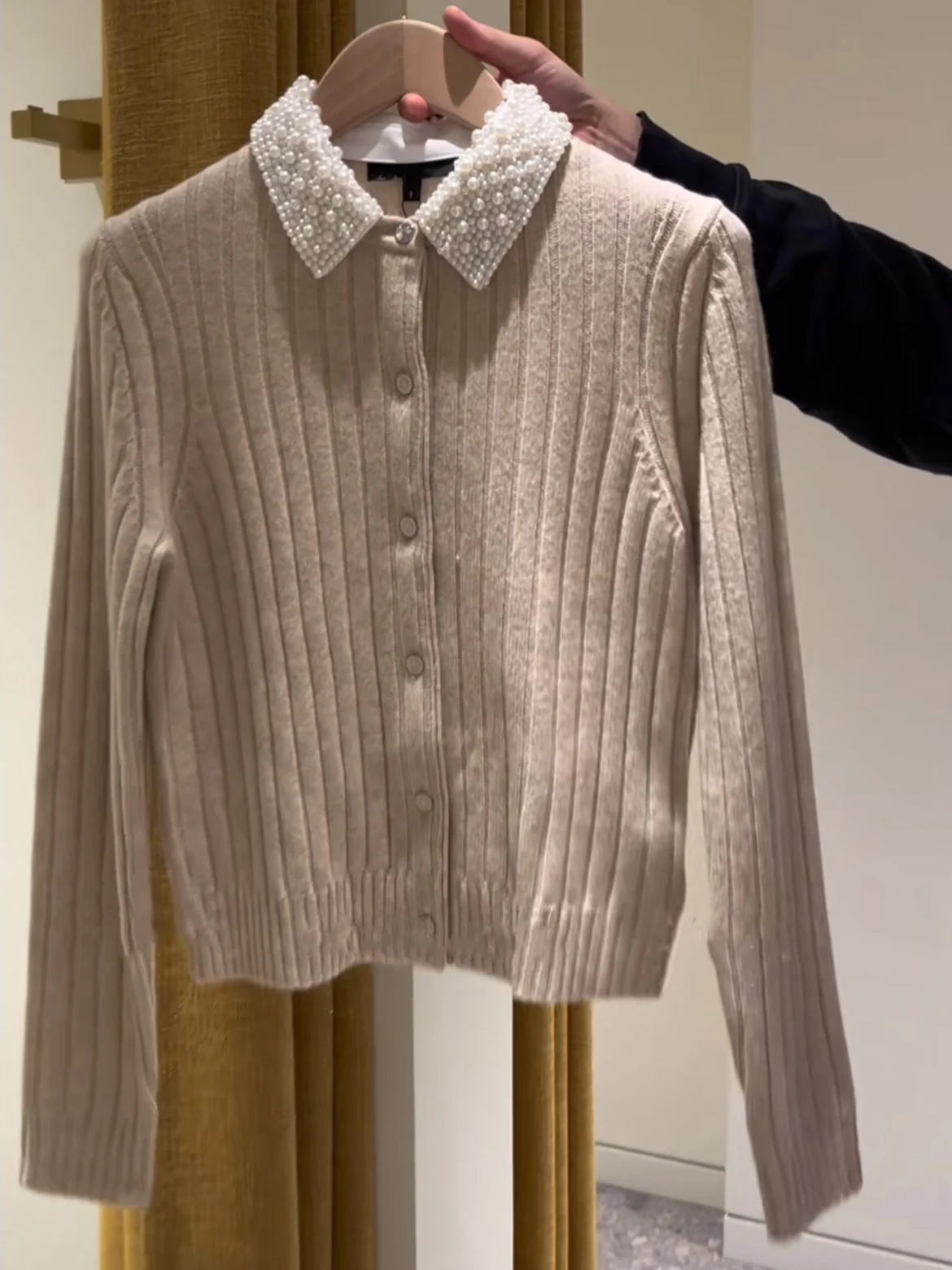 

Heiddm Early Spring Detachable Pearl Collar Warm Milk Tea Color Long Sve Wool Knitted Sweater Women's Open Cardigan