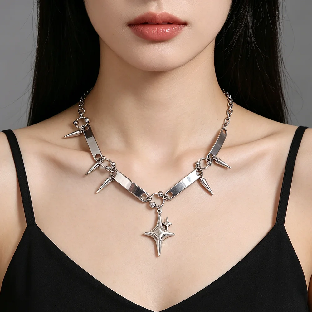 Goth Punk Spike Choker - Punk Spiked Star Pendant Choker Necklace,