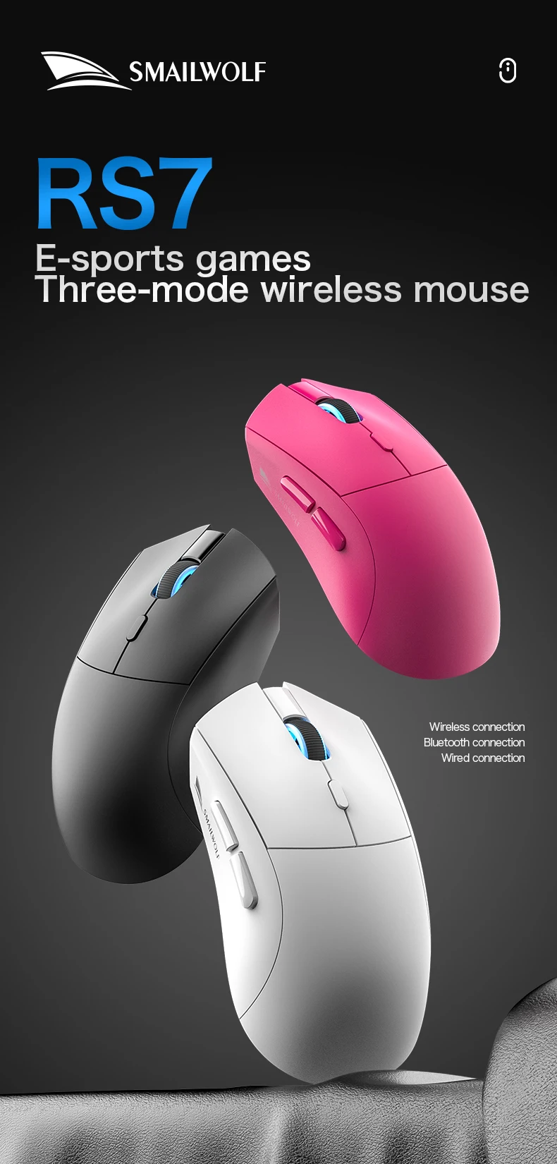 SMAILWOLF RS7 Bluetooth Kabellose Maus Drei-Modus-Gaming-Maus für Notebook Desktop-Computer Gaming PAW3311 Geeignet für Große Hände – Detail 1