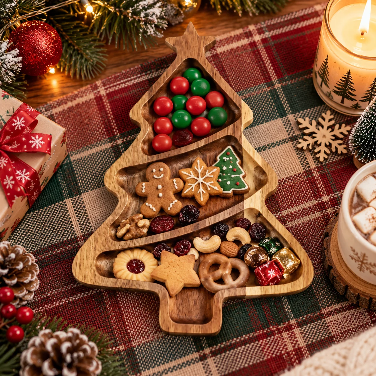23cm Wooden Christmas Tree Tray Dessert Plate Candy Dish Serving Platter Fruit Snack Plate Party Tableware Holiday Decoration