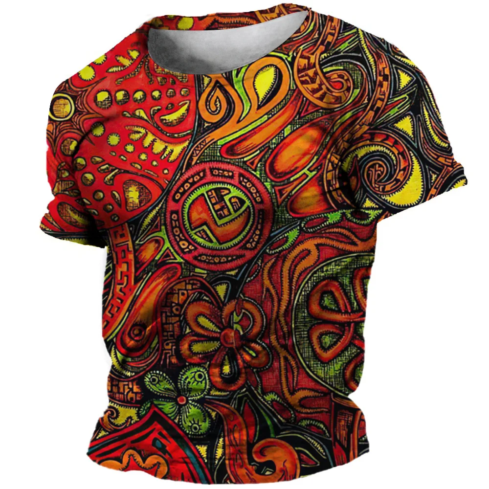 Men\'s Vintage Graffiti Print T-shirt 3D Tribal Pattern T-shirt Street Color O-Neck Tops Fashion Short Sleeve Plus Size T-shirts