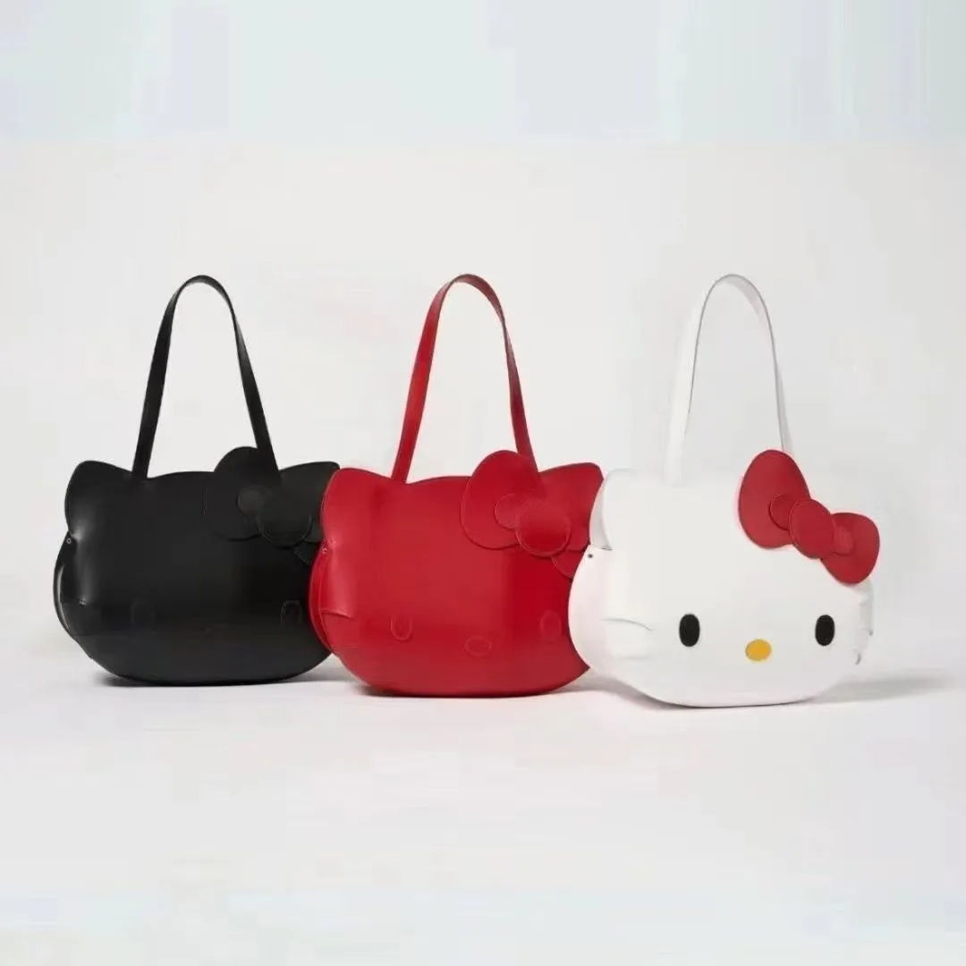 Sanrio Hello Kitty Shoulder Bag for Girls Women PU Leather Kawaii Cartoon Hello Kitty Handbag Large Capacity Shopping Tote Bag