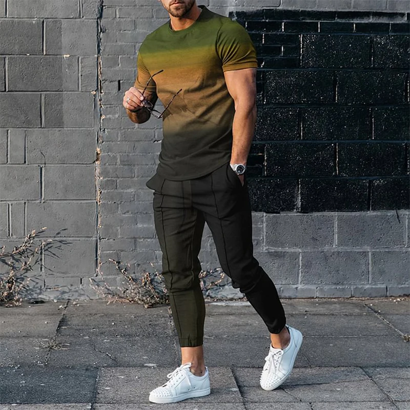 Men\'s T-shirt Pants Tracksuit Abstract Gradient 3D Print T Shirts Trousers Sets 2 Pieces Streetwear Oversized Suits Sportswear