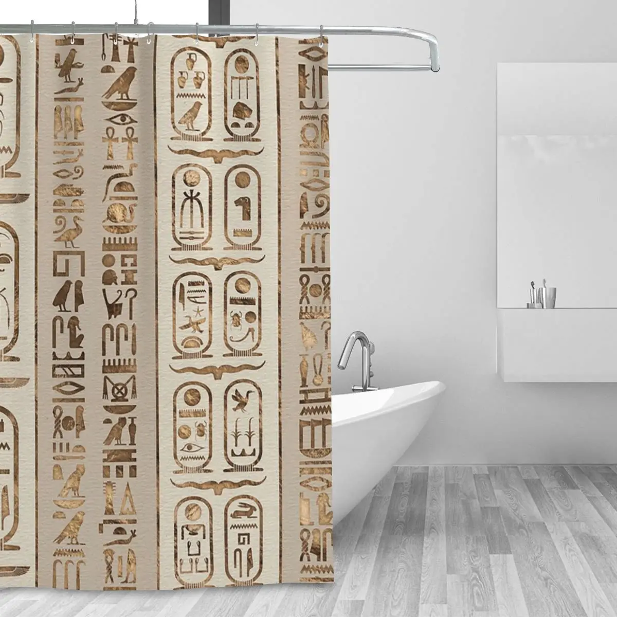Egyptian Hieroglyphs Pastel Gold Shower Curtain Bathroom Polyester Waterproof Bath Curtains with Hooks