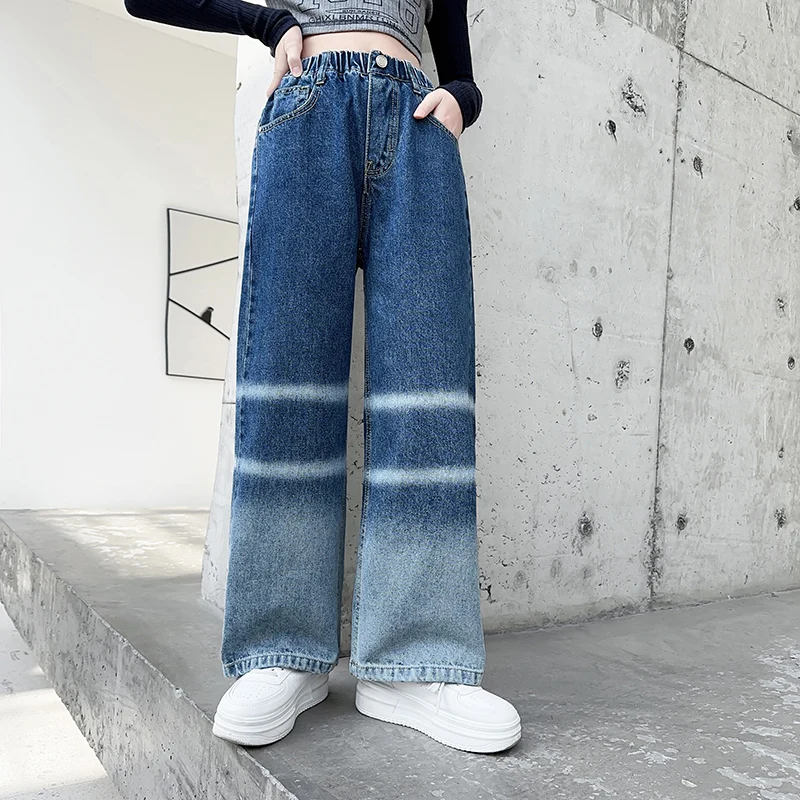 Spring New Children's Jeans 2023 Girls' Large Size Wide Leg Pants Elastic Waist Boys' Autumn Pants Baby's Warm Pants Comfortable