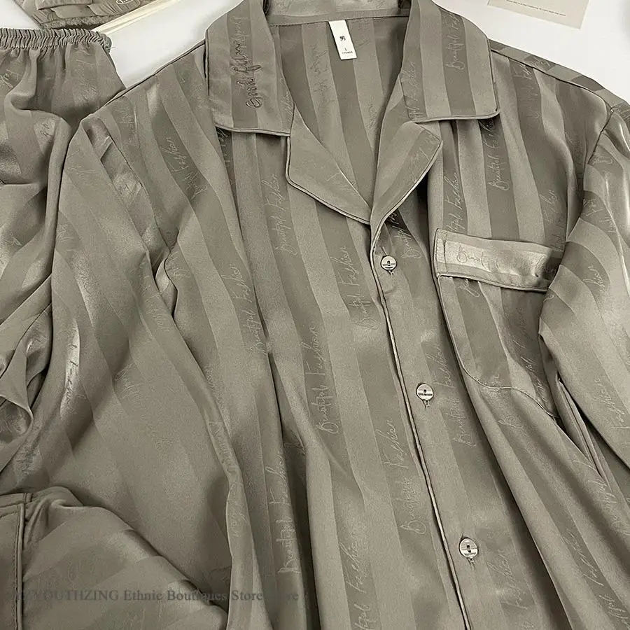 Men 2PCS Pajamas Set Loungewear Print Stripe Sleepwear Long Sleeve Trouser Suits Loose Silky Satin Home Clothes Night Wear 3XL - Image 2