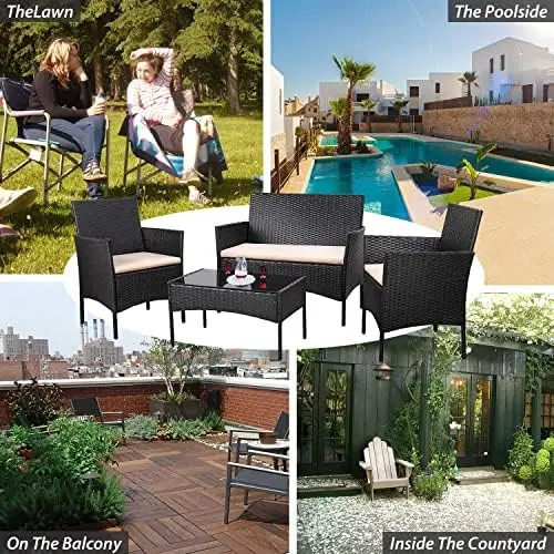 4 Pieces Rattan Patio Furniture Set, Outdoor Indoor Use (Black Beige)