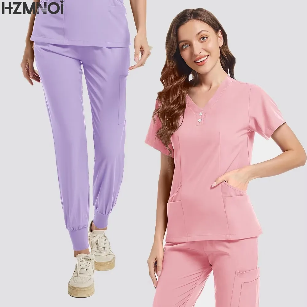 مجموعة فرك الطبية ممرضة الزي الجراحي امرأة الجمال عمال تمتد الدعك السريرية أعلى + سراويل للجري الطبيب الطبيب البيطري بدلة التمريض