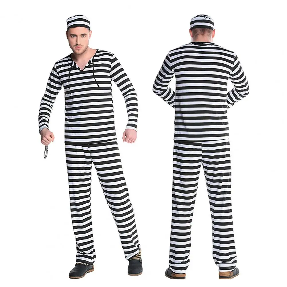 Prisoner Costume for Adult Women Striped Mini Dress, Men Top Pants, Halloween Jail Inmate Uniform with Hat & Cuffs