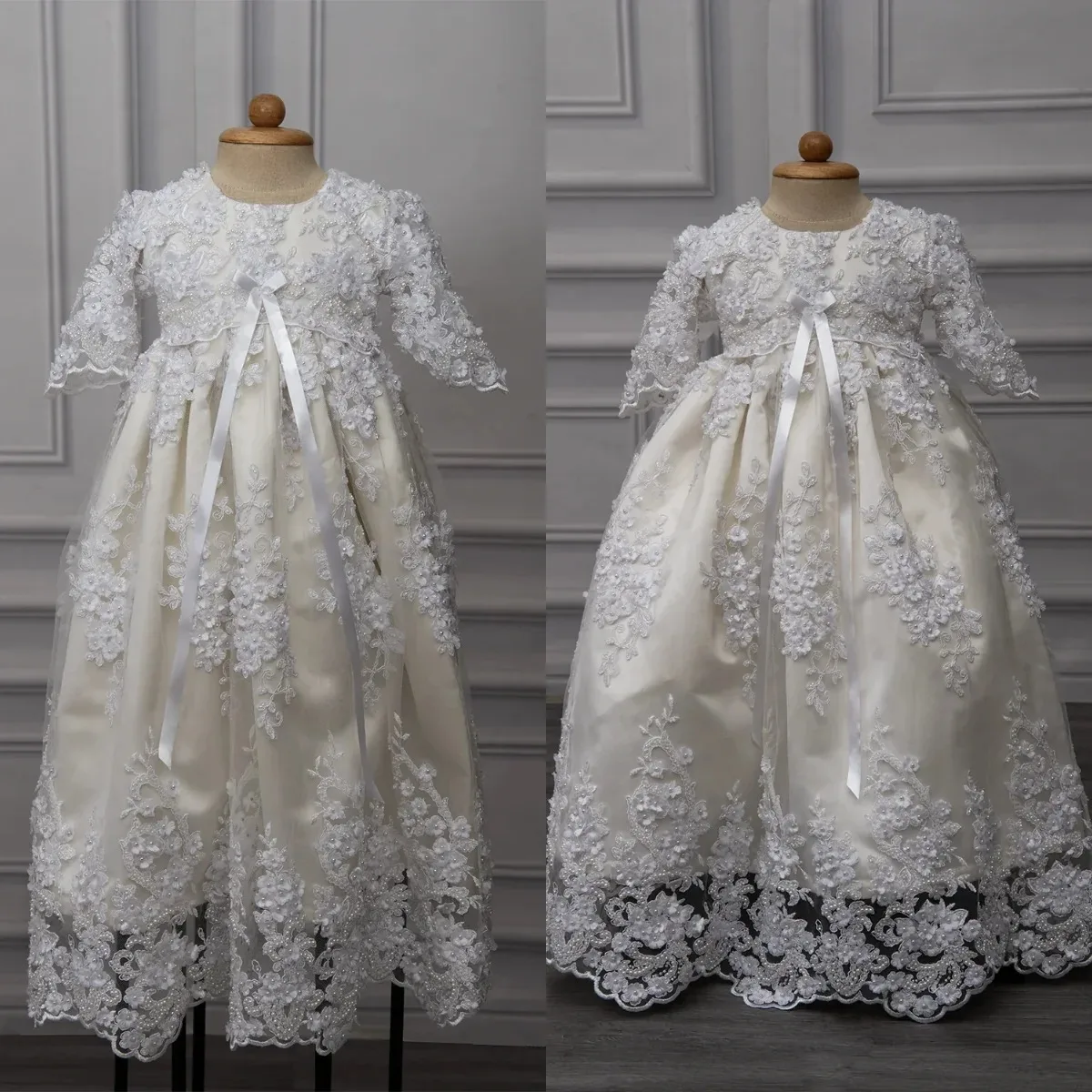 ホワイト高級フラワーガールドレス結婚式用ビーズレースアップリケベビーガール誕生日ドレス初聖体ドレスカスタマイズ