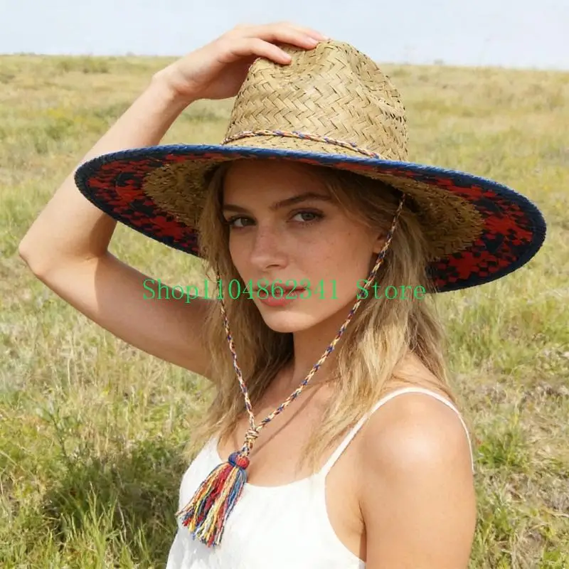 652F Adjustable Woven Straw Sun Hat Adorned With Fashion Colorful Brims Great For Summer Adventures And Relaxation Handcrafts