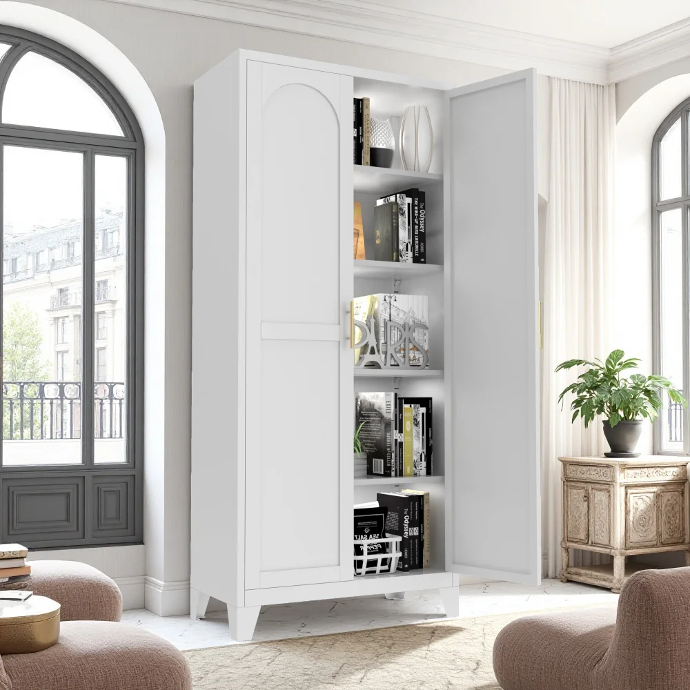 White 71 Inch 2-Door Metal Storage Cabinet with Stylish Doors and Adjustable Shelves, Freestanding Storage Cupboard for Bedroom, Living Room and Kitchen Organization