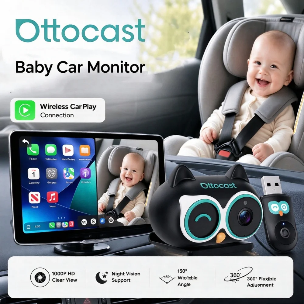 Ottocast Cabin Care Baby Car Monitor 2-in-1 Wireless CarPlay Adapter Rear Seat Kid Safety Monitor for Original Car Screen
