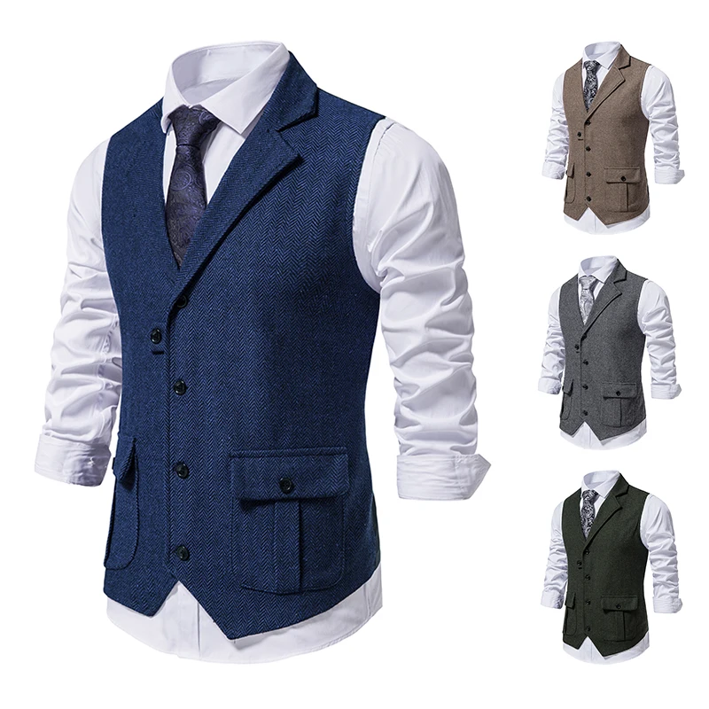 Men's Herringbone Tweed Suit Vest Vintage Lapel Waistcoat Shirt