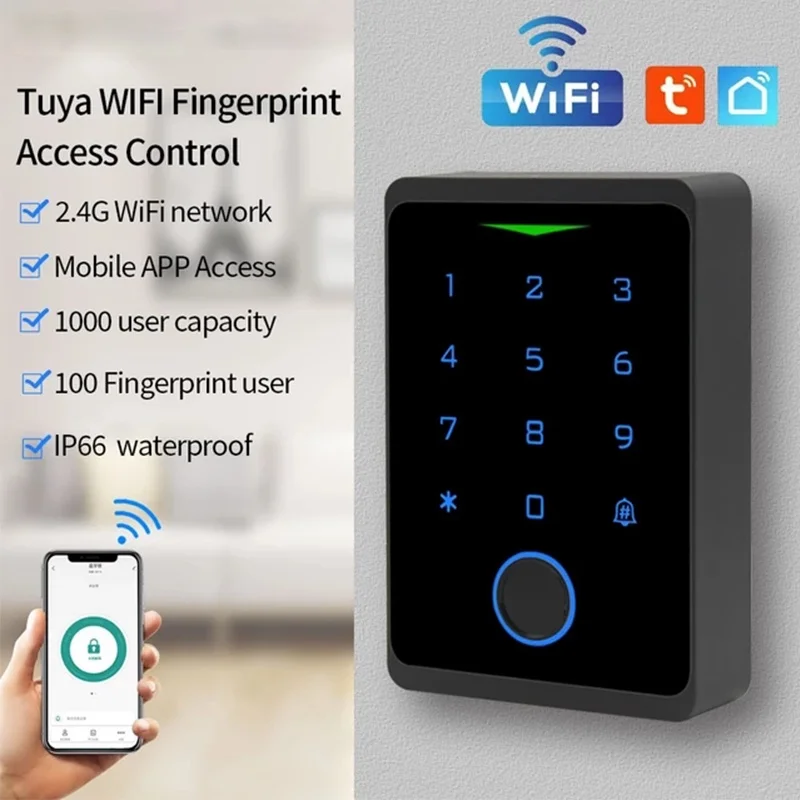 

2.4G Wifi Tuya App Backlit Fingerprint Access Control Keypad IP66 Waterproof Standalone RFID 125kHZ EM Card Reader Wiegand 26 34