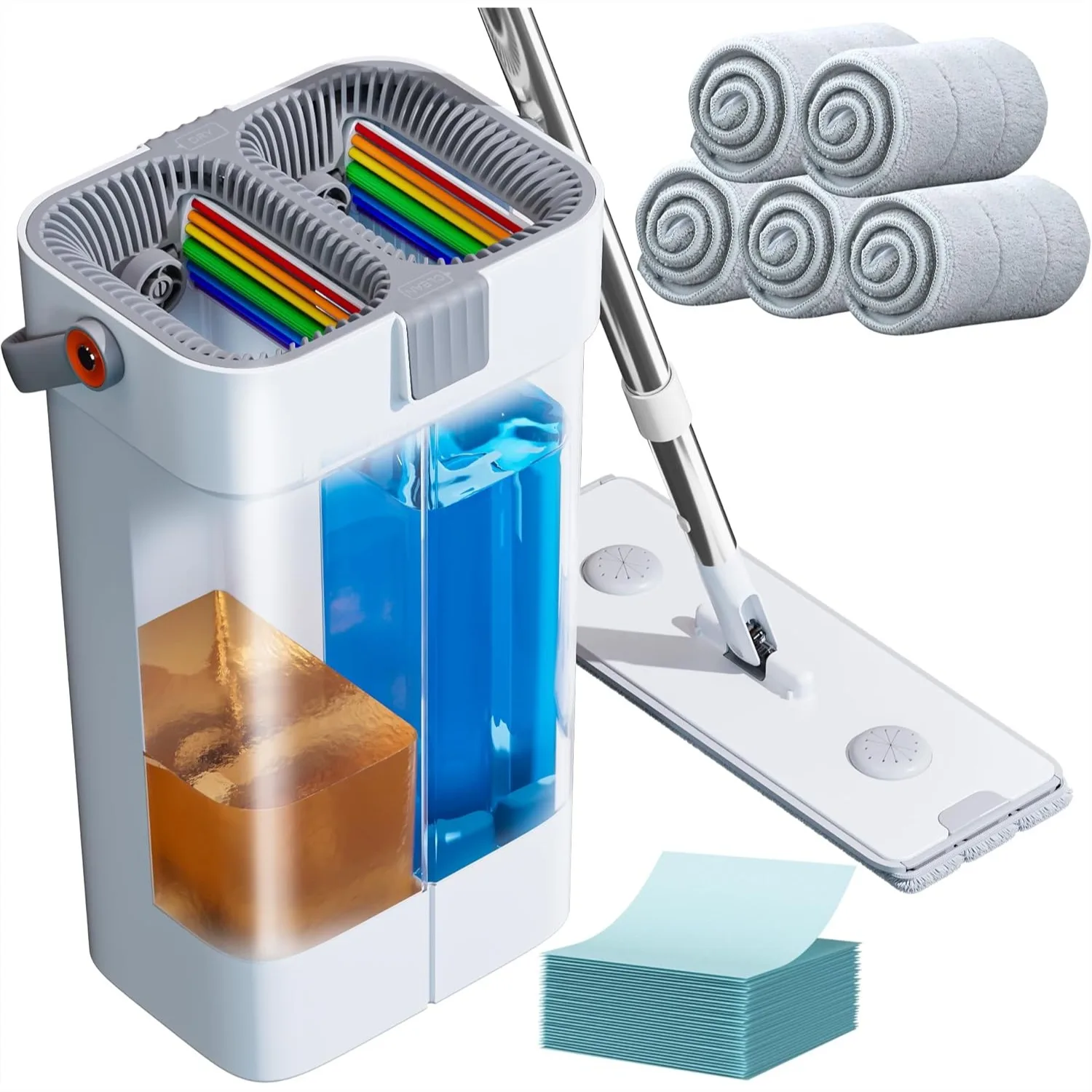 

Mop and Bucket Set with Wringer, Flat Mop System with Adjustable Handle up to 61 Inches, 5 Washable Microfiber Pads