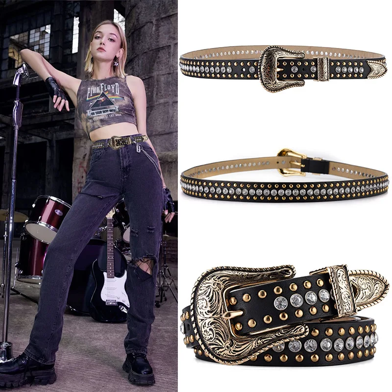 

Ladies' Belt Punk European and American Style New Trend Needle Buckle Inlaid with Rivets Rhinestone Women's Belt