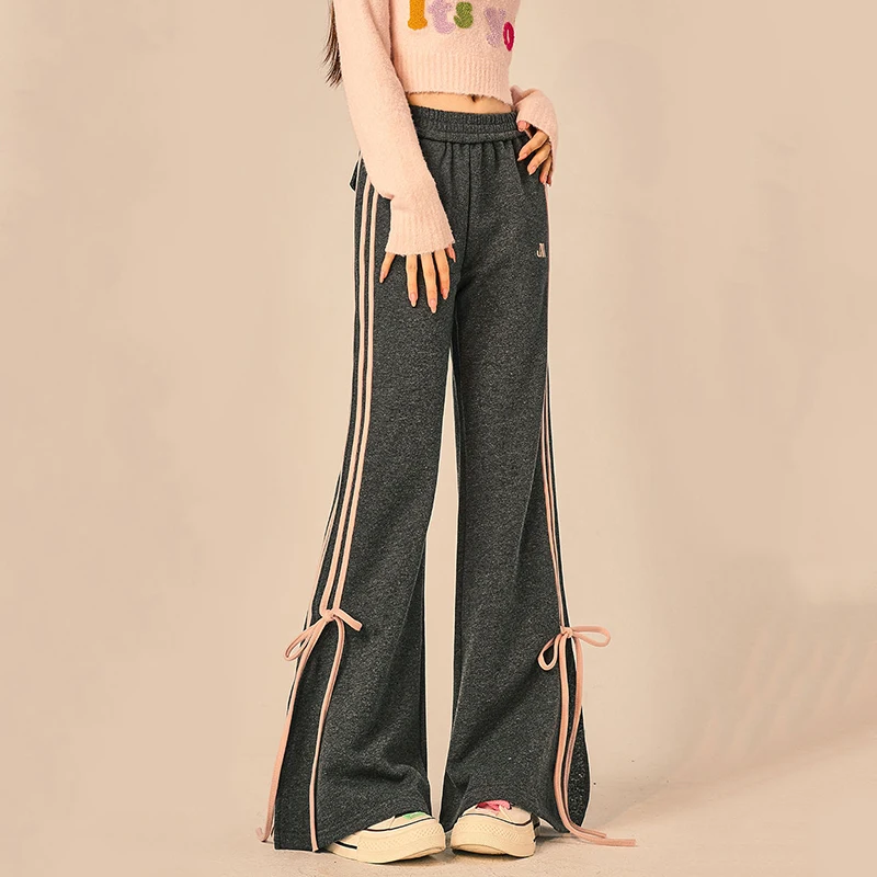 Gidyq Women Bow Casual Pants Fashion Korean Streetwear Stripe Loose Wide Leg Pants Spring All Match Female Straight Trousers New