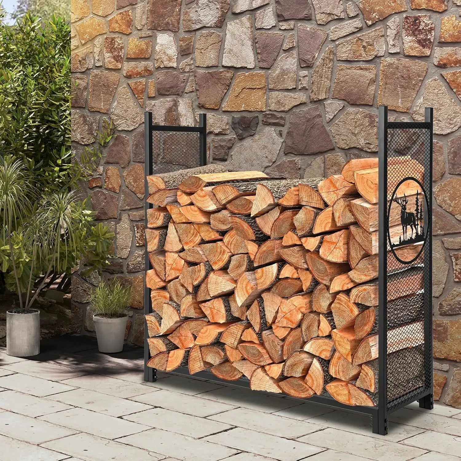 Firewood Rack Outdoor, 4 FT Metal Firewood Holder with Mesh Sides & Base, Decorative Deer Patterns, Indoor Log, Customized