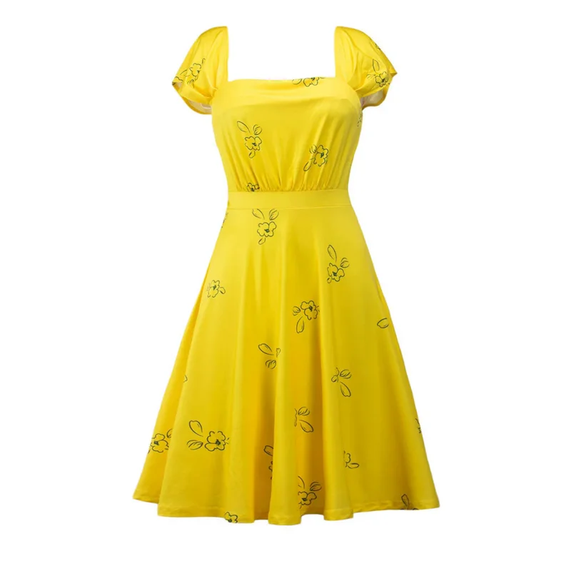 2018 New La La Land Dress Mia Emma Cosplay Costume Stone Summer Yellow Floral Skater Dress Vestidos for adults