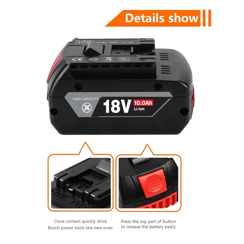 NEW 18V 10Ah Rechargeable Li-Ion Battery For Bosch 18V Power Tool Backup 6000mah Portable Replacement BAT609 Indicator Light